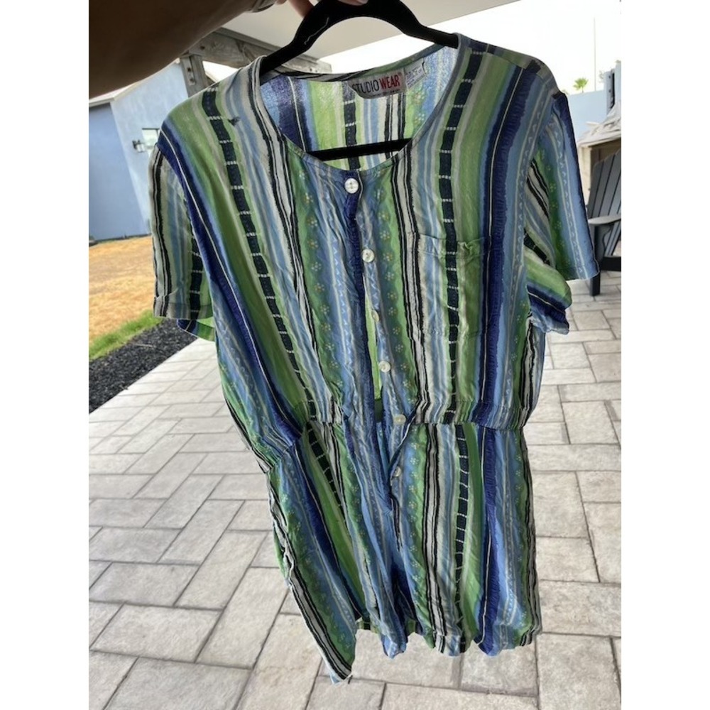 Studio Wear Vintage 90s Rayon Striped Romper Blue Green Button Front Large